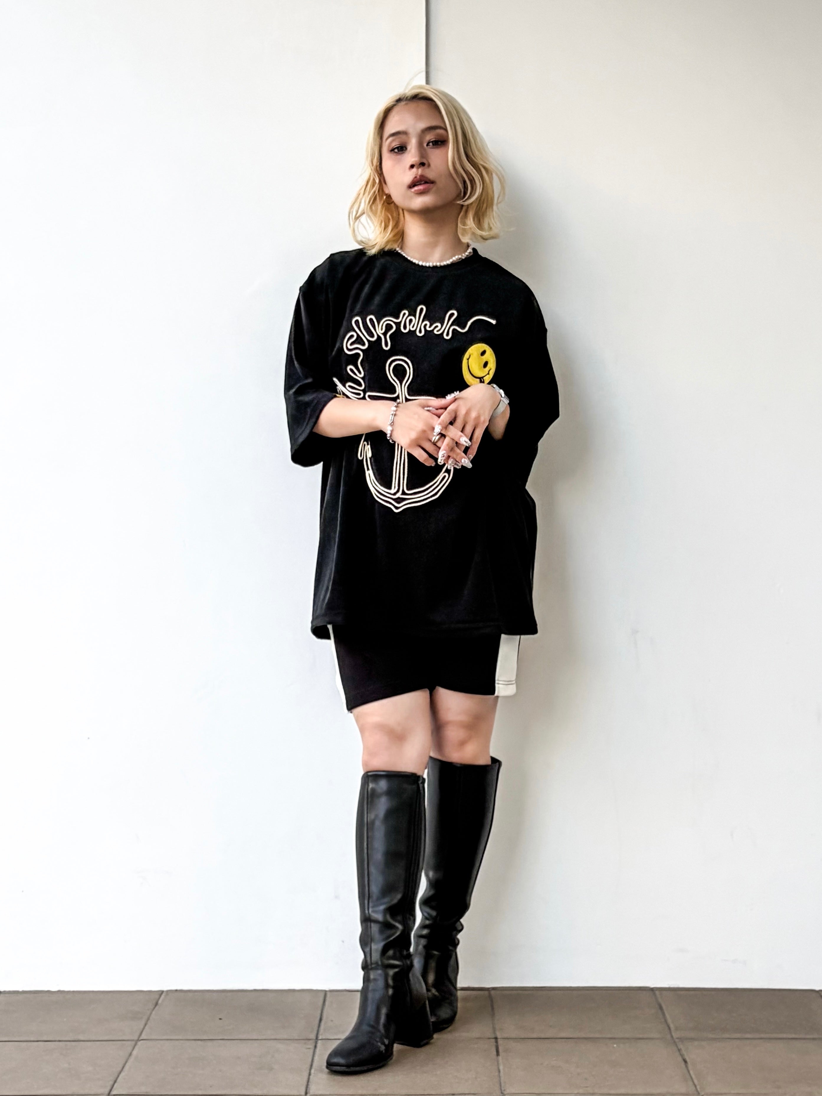 TCパイル アンカーロープ刺繍スマイルパフパッチオーバーサイズSSシャツ