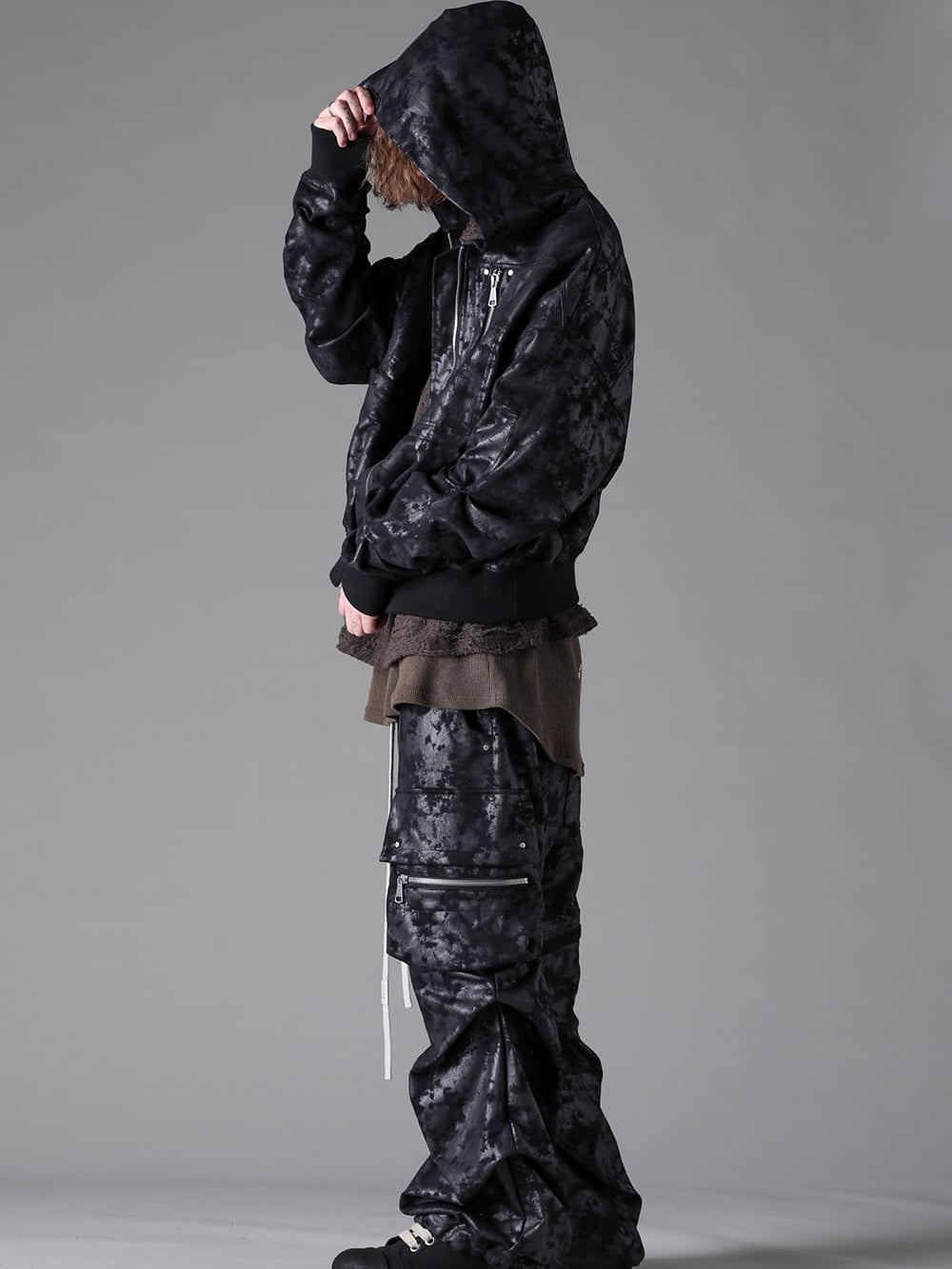 SWEAT CARGO TUCK WIDE PANTS(BLACK)