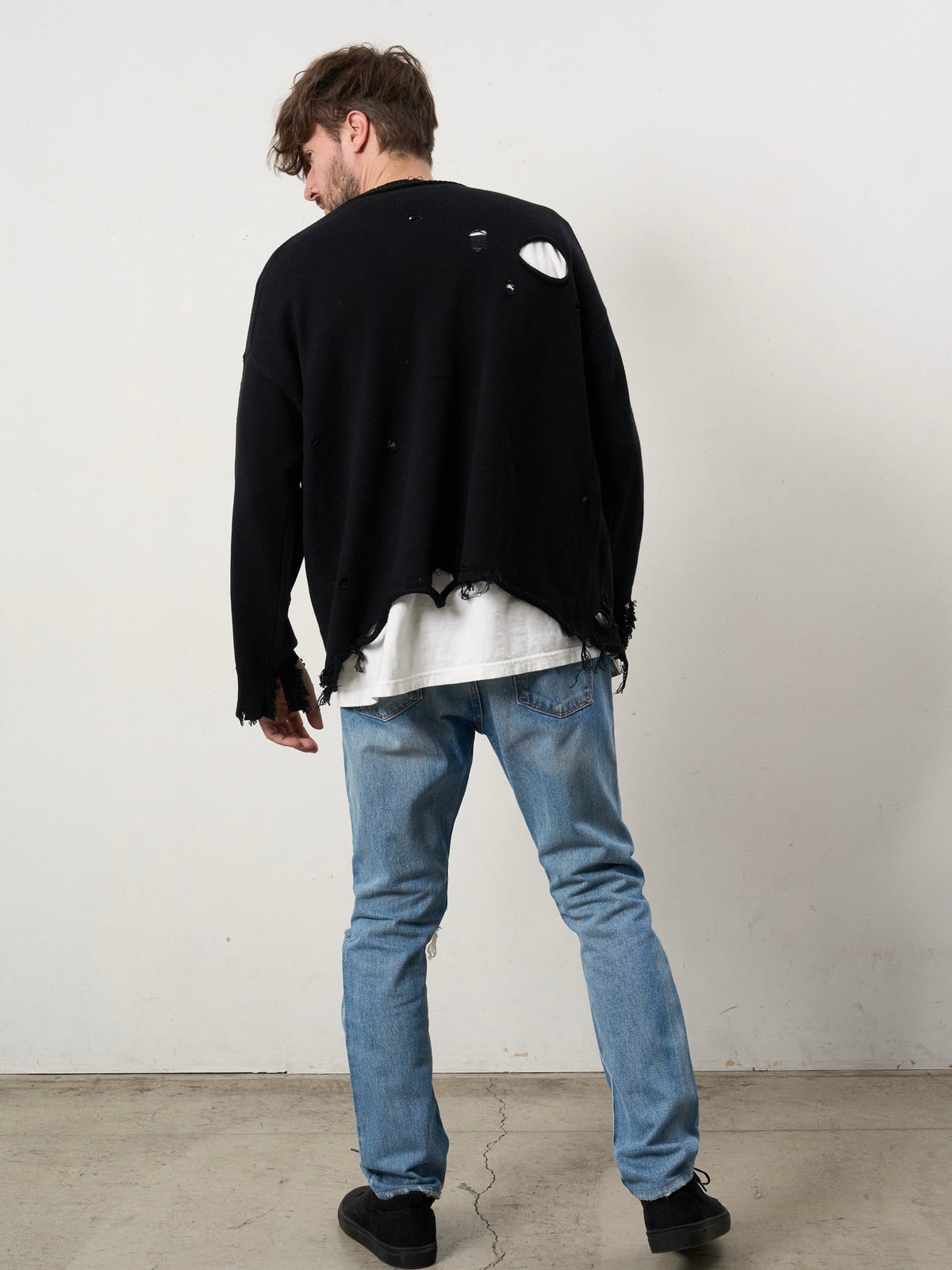 ローゲージコットンヤーン サガラパッチワーク オーバーシルエット ダメージカーディガン(BLACK)