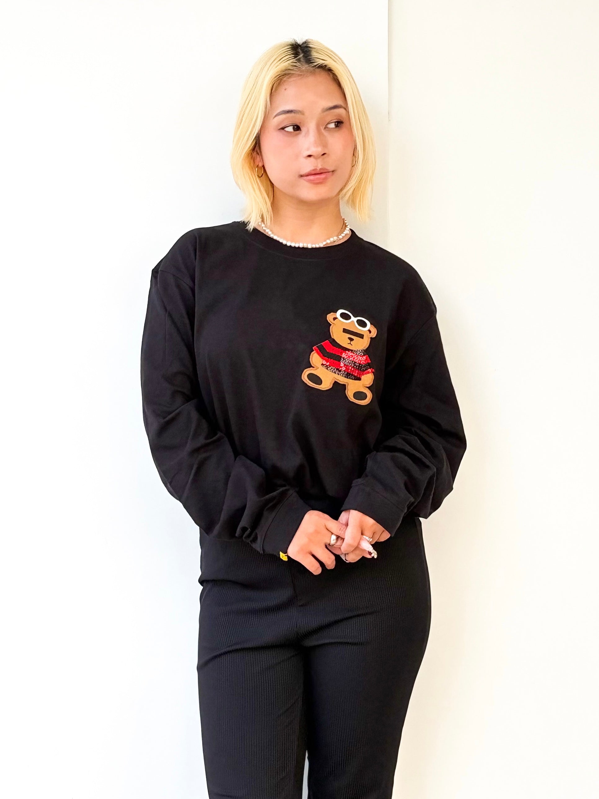 カートベアシークインパッチワーク LS Tシャツ(BLACK)