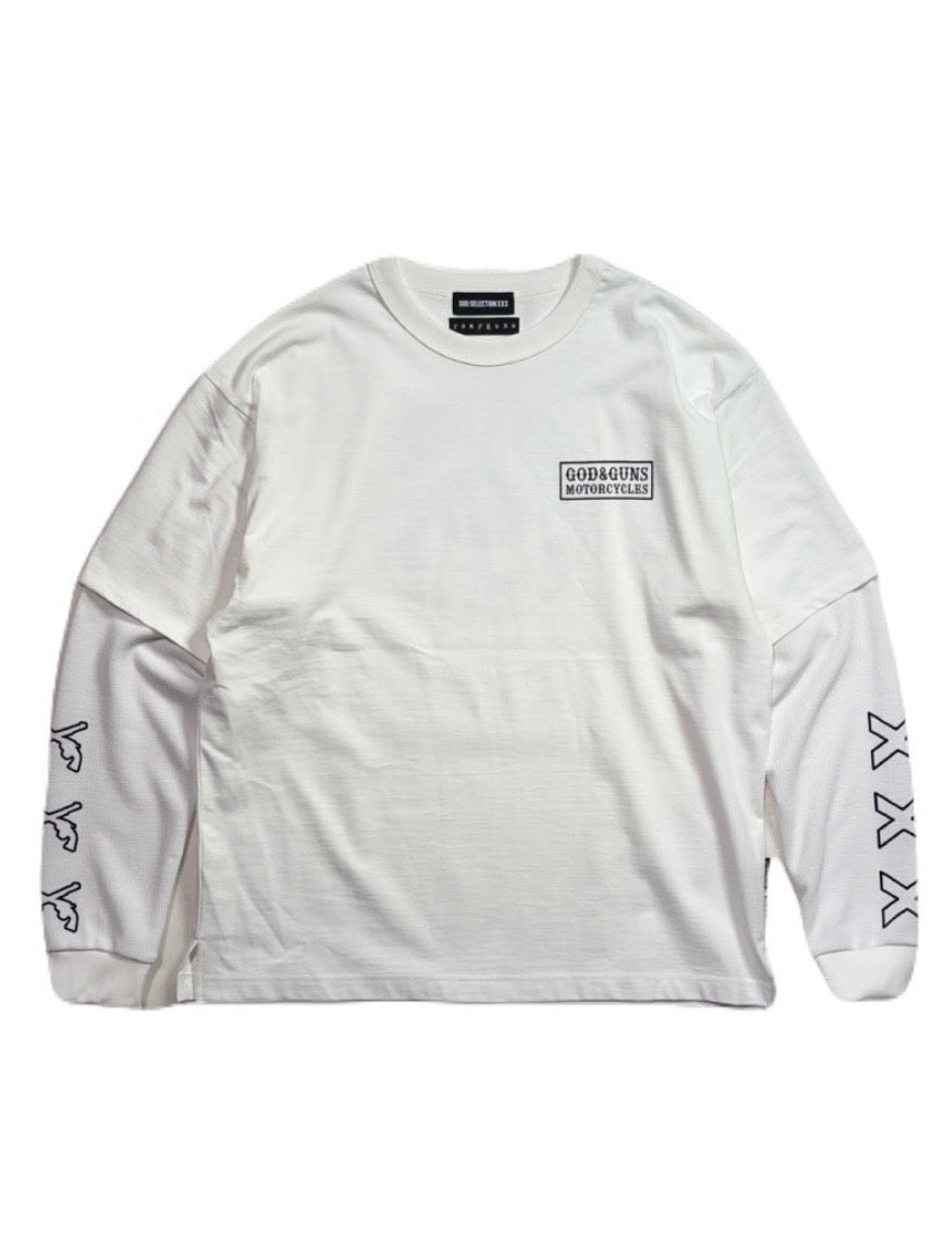 TRIPLE GUNS EMBLEM LAYERED T-SHIRT(WHITE)