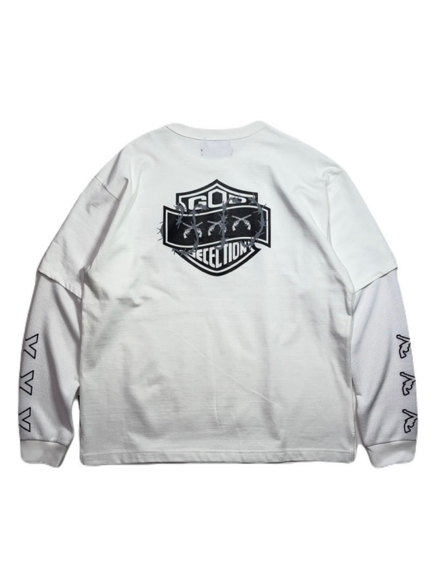 TRIPLE GUNS EMBLEM LAYERED T-SHIRT(WHITE)