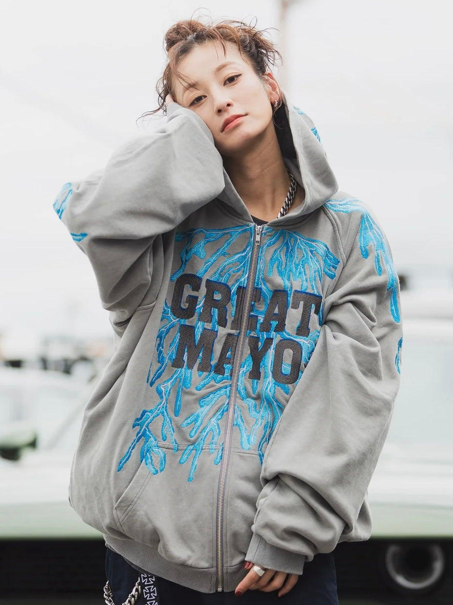 GREAT MAYO THUNDER EMBROIDERY ZIP UP HOODIE(GRAY)