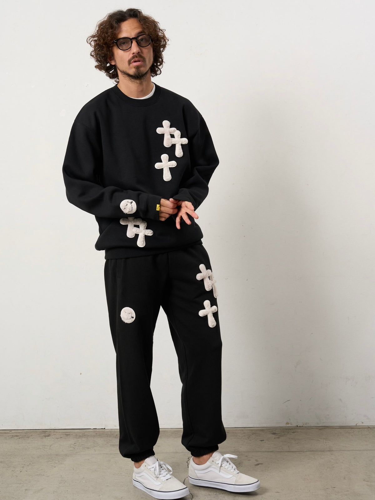 ムックボアミックスパッチワーク/スエットシャツ(BLACK)