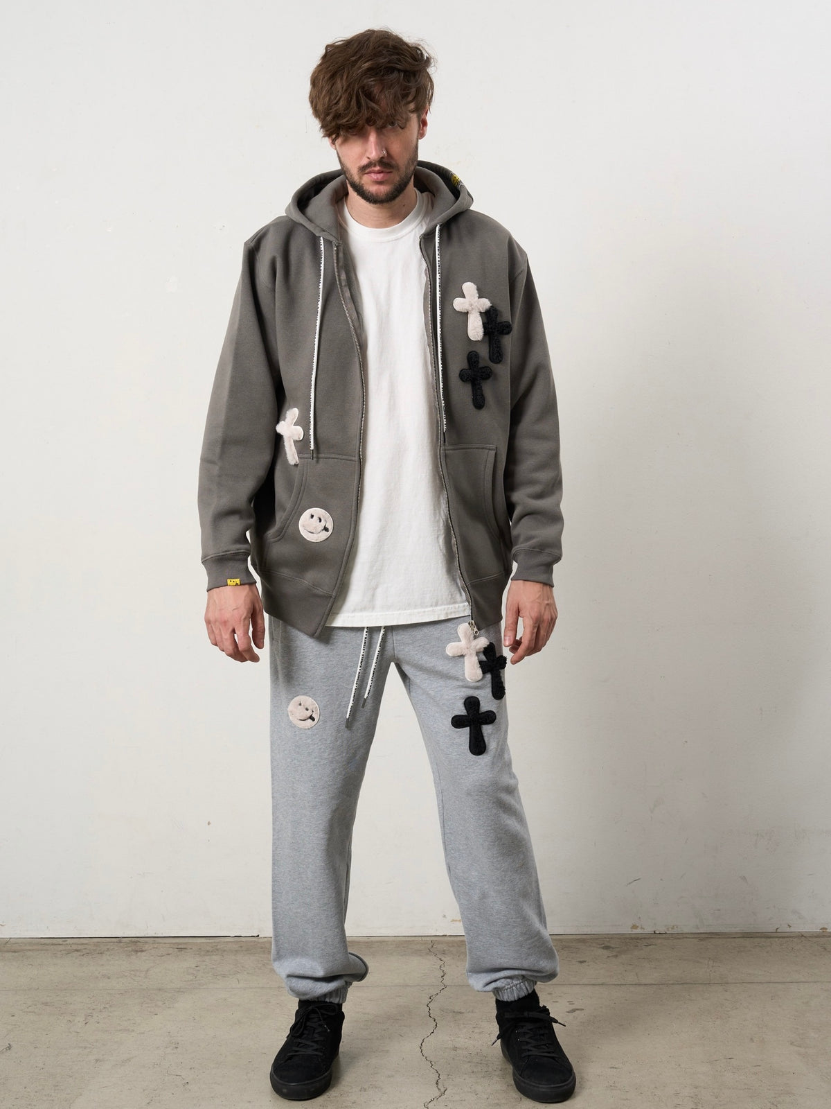 ムックボアミックスパッチワーク スエットパンツ(GRY)