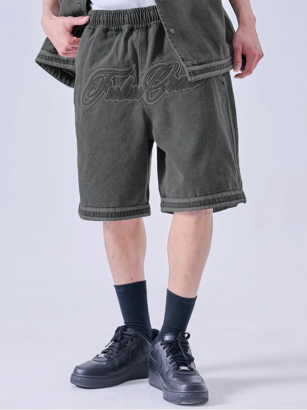 DENIM WARM UP SHORTS/ BLACK