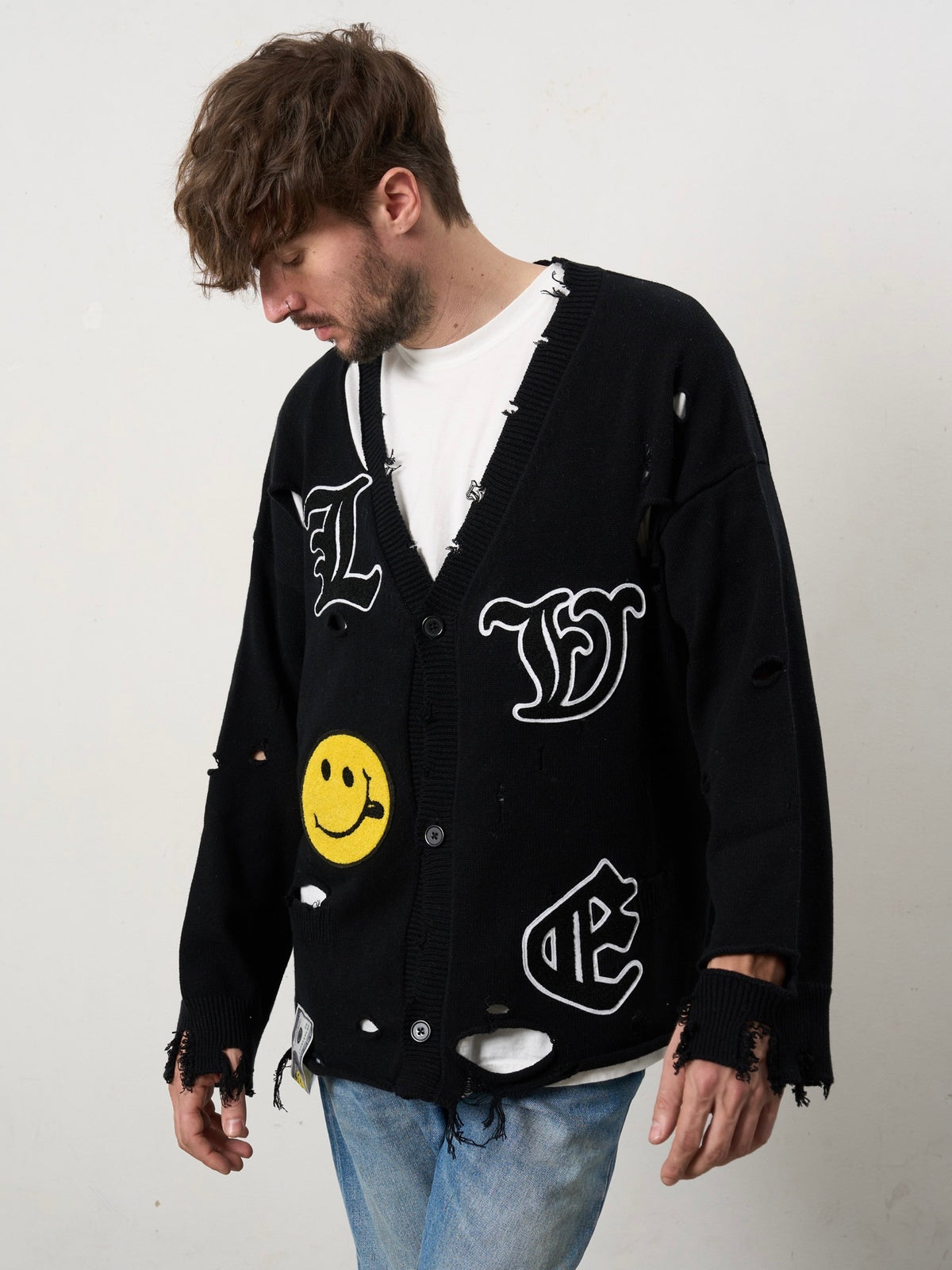 ローゲージコットンヤーン サガラパッチワーク オーバーシルエット ダメージカーディガン(BLACK)