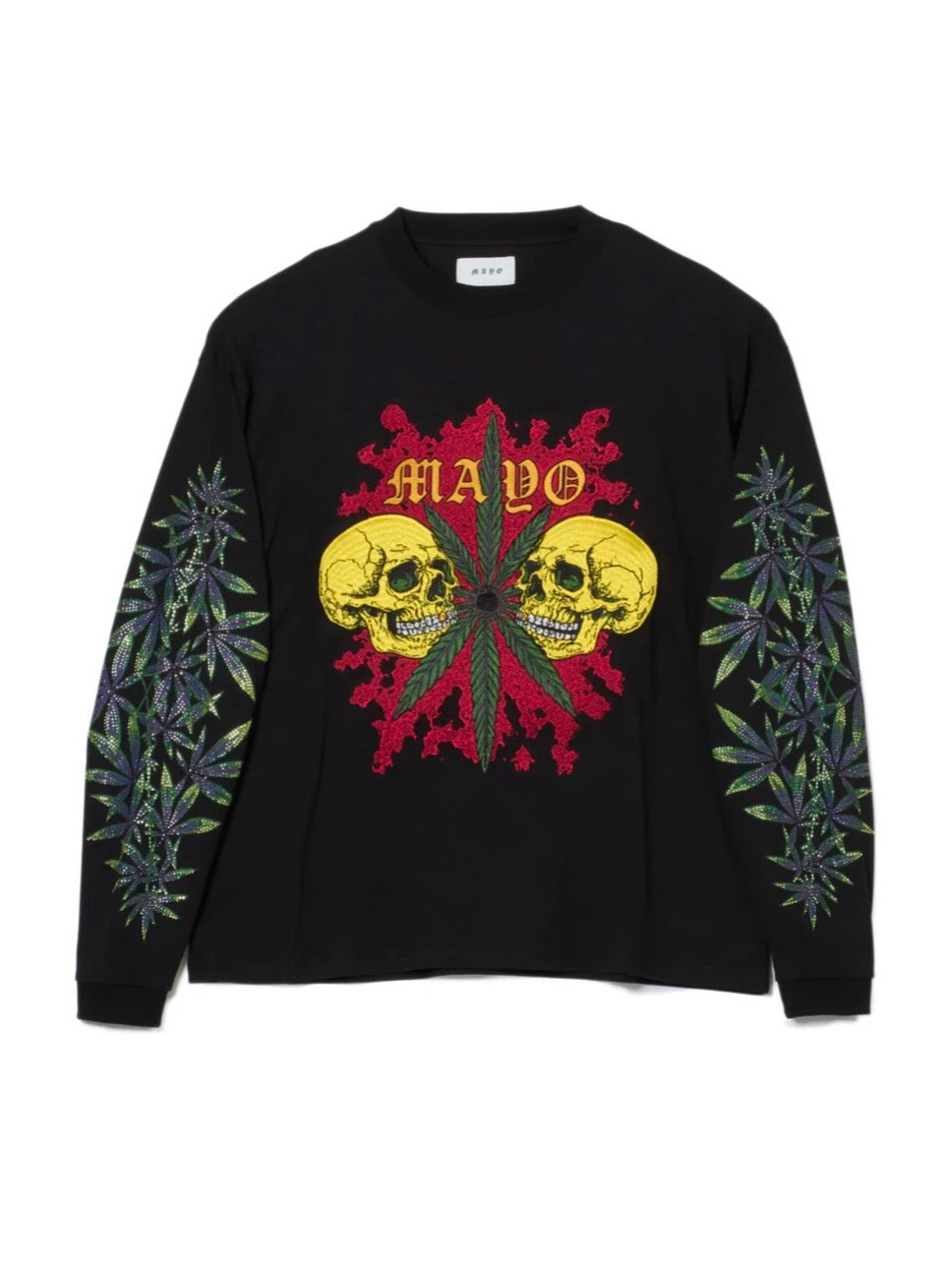 SKULL WEED EMBROIDERY & PRINT RHINE STONE LONG SLEEVE TEE