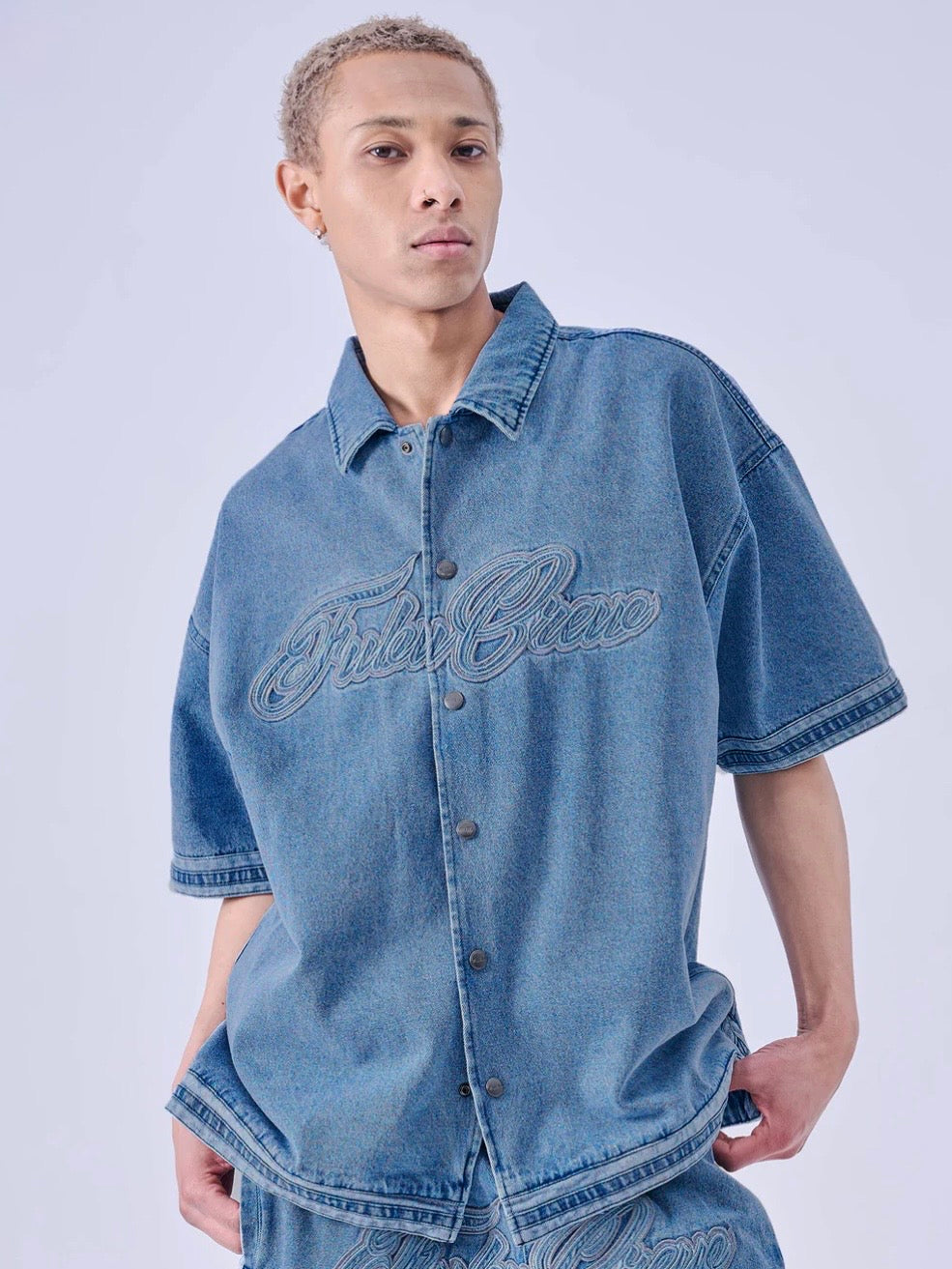 DENIM WARM UP SHIRTS/BLUE