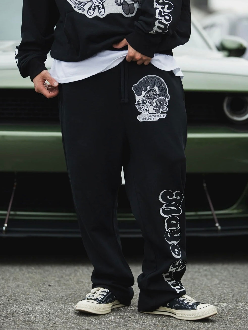 POWERPUFF MAYO EMBROIDERY SWEAT PANTS(BLACK MONO)