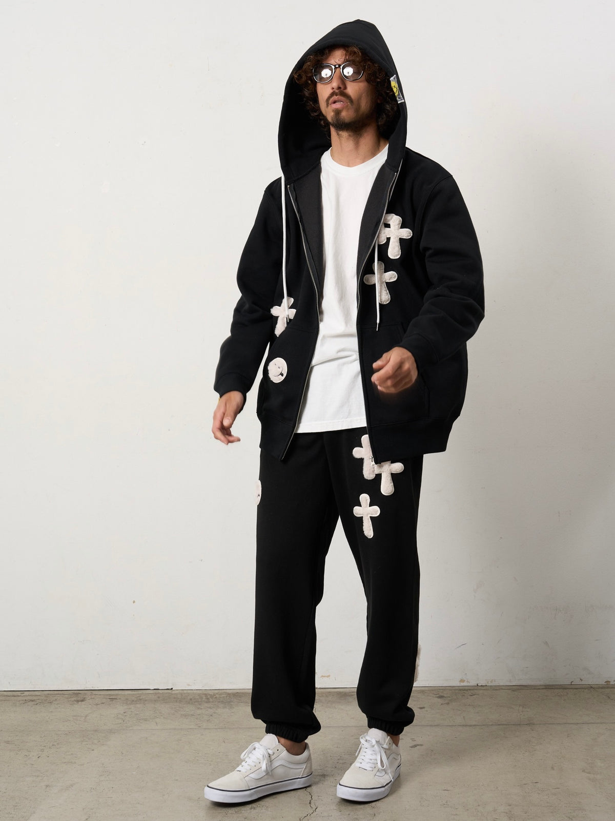 ムックボアミックスパッチワーク スエットパンツ(BLACK)