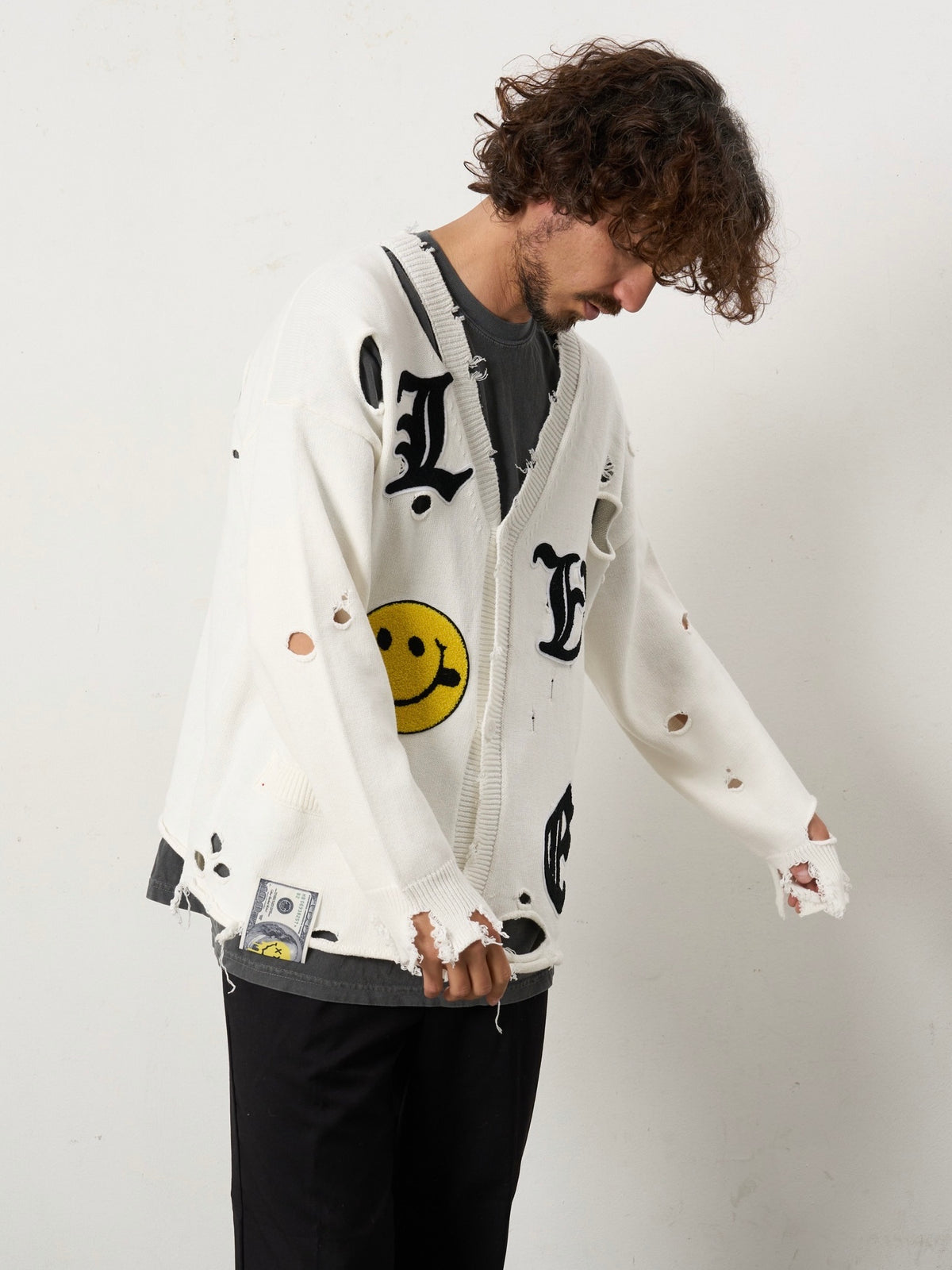 ローゲージコットンヤーン サガラパッチワーク オーバーシルエット ダメージカーディガン(WHITE)