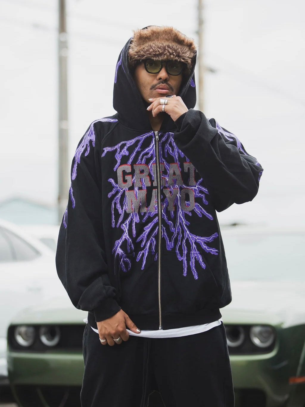 GREAT MAYO THUNDER EMBROIDERY ZIP UP HOODIE(BLACK)