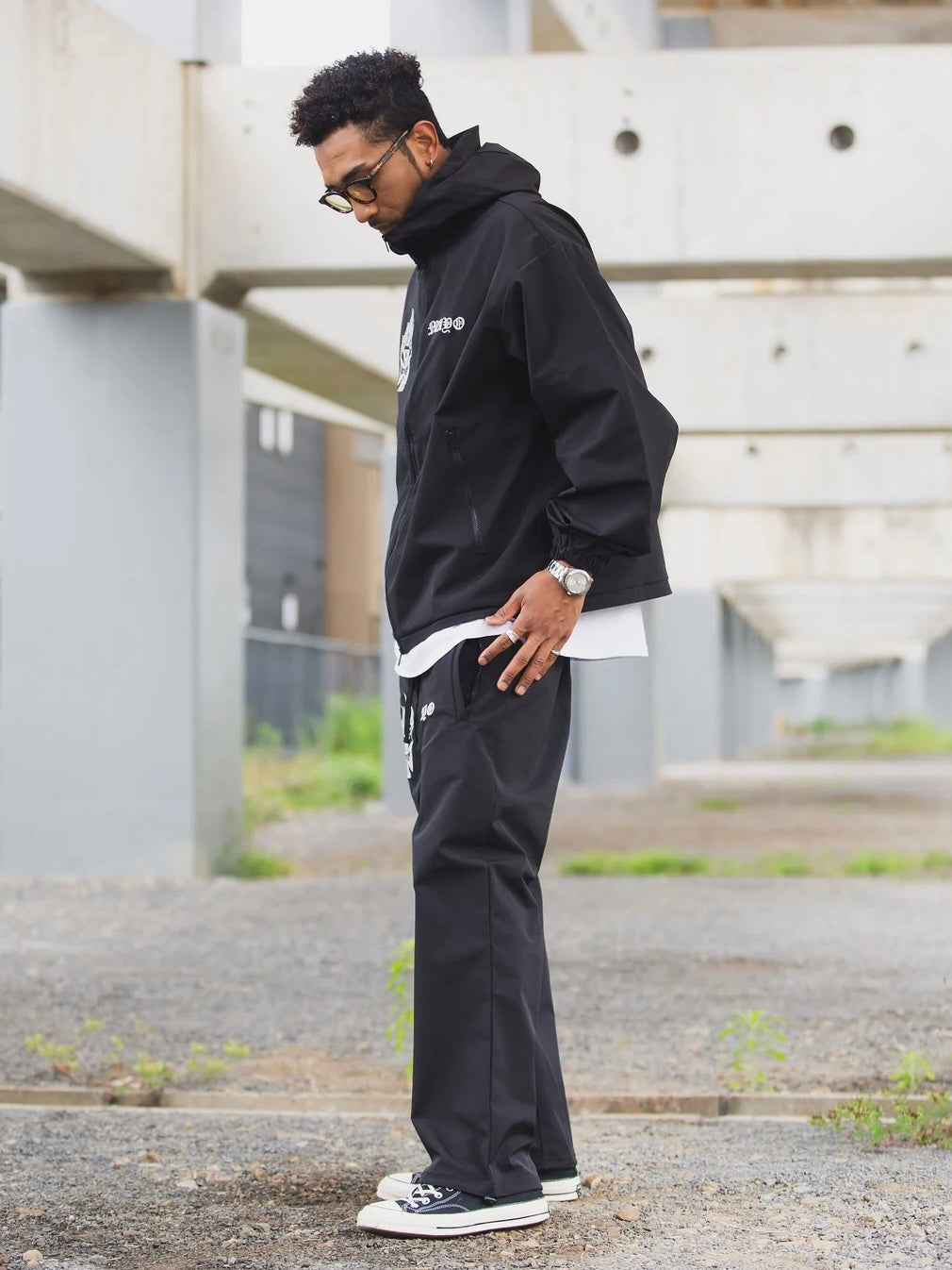 FIRE IRON CROSS EMBROIDERY NYLON PANTS(BLACK)