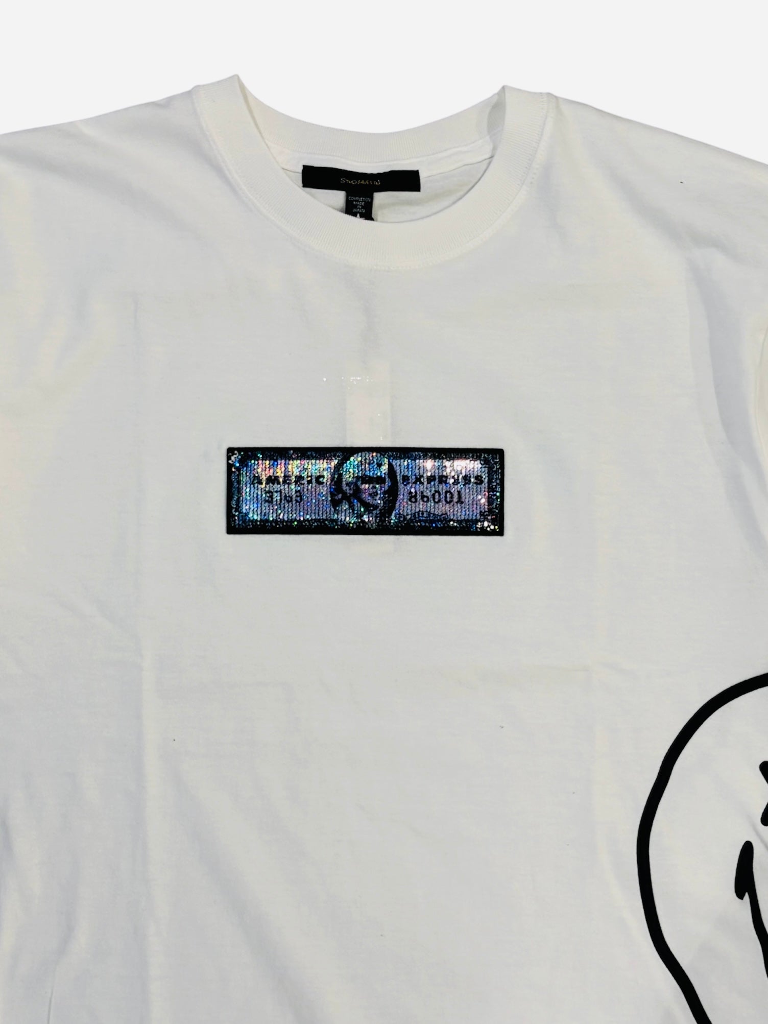 コットン天竺 クレジットシークイン＆ドリップスマイルSSシャツ