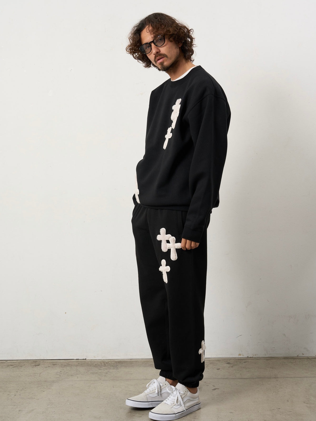 ムックボアミックスパッチワーク/スエットシャツ(BLACK)
