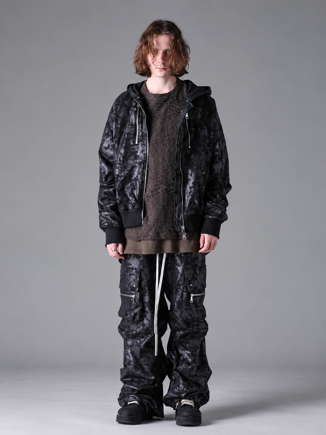 SWEAT CARGO TUCK WIDE PANTS(BLACK)