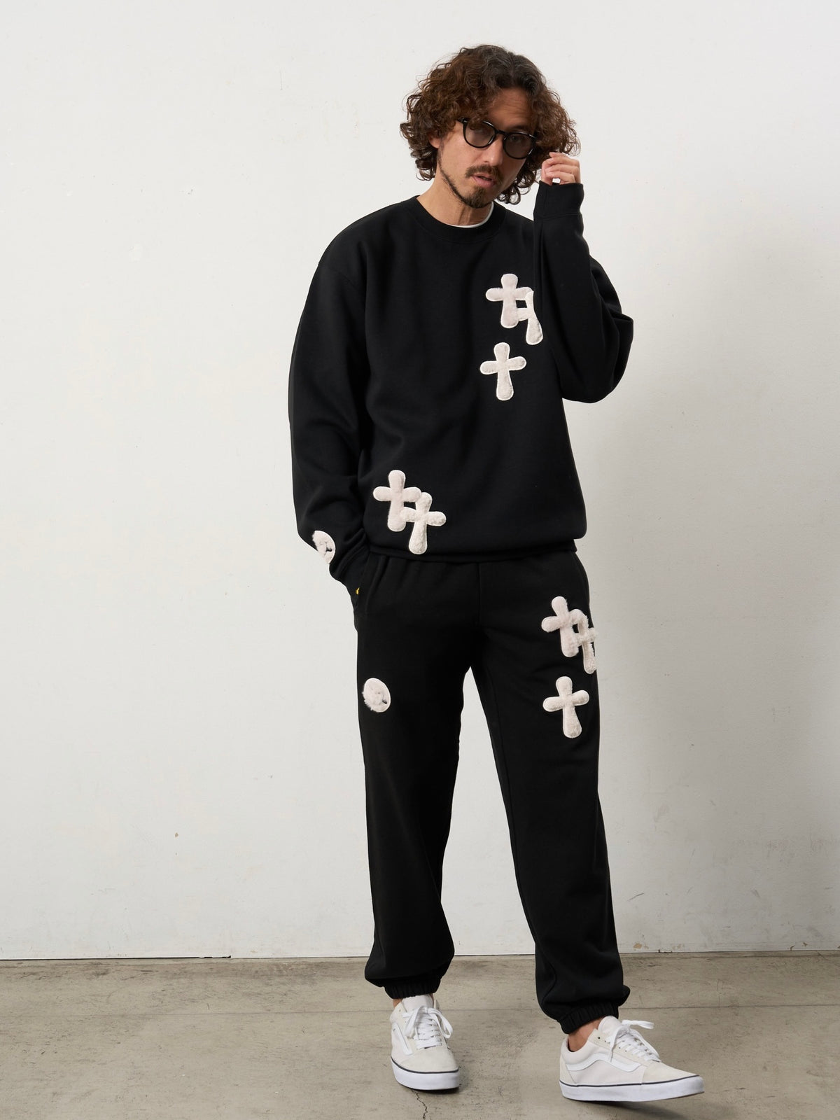 ムックボアミックスパッチワーク/スエットシャツ(BLACK)