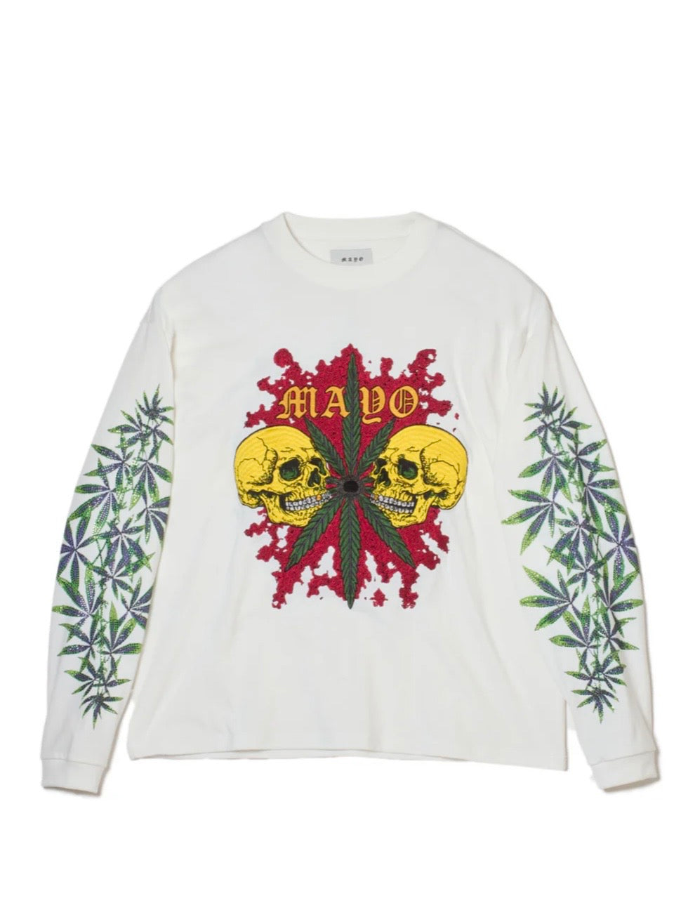 SKULL WEED EMBROIDERY & PRINT RHINE STONE LONG SLEEVE TEE