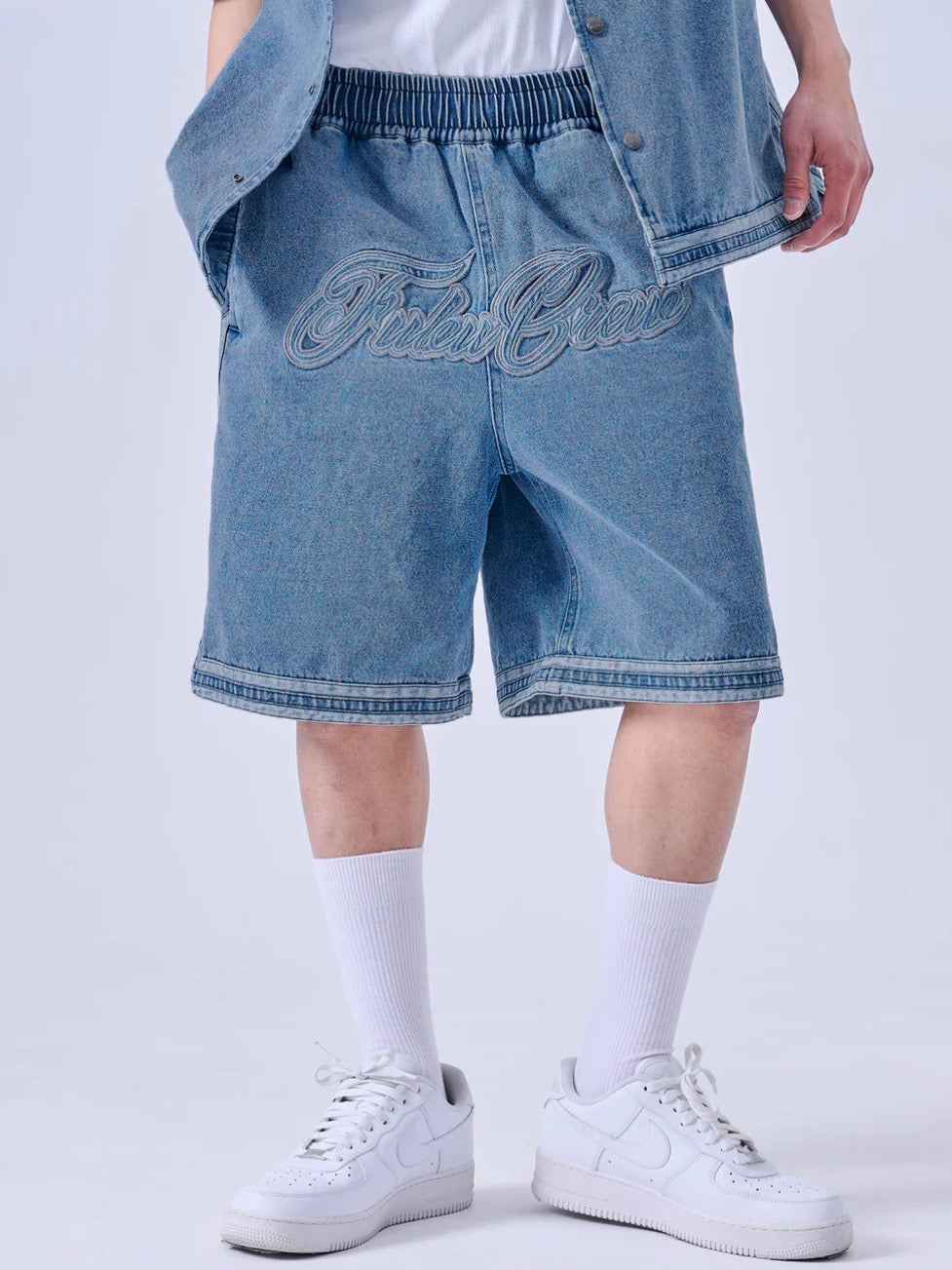 DENIM WARM UP SHORTS/BLUE