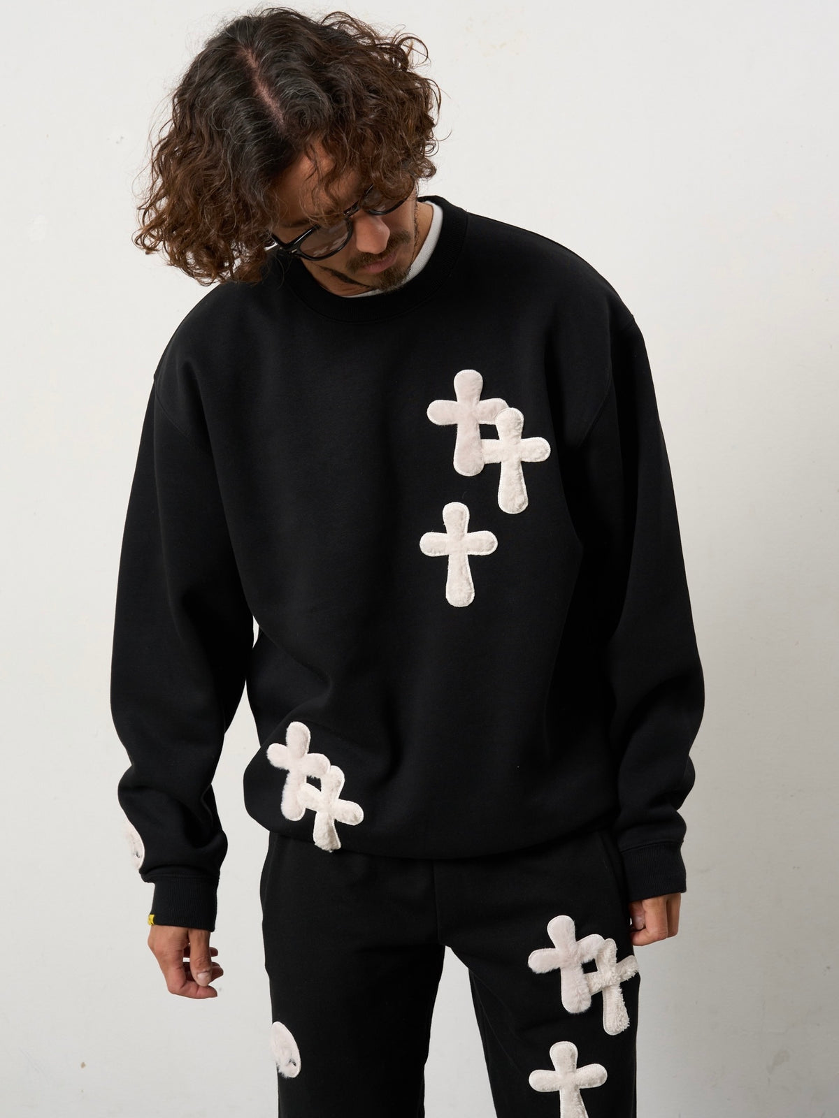 ムックボアミックスパッチワーク/スエットシャツ(BLACK)